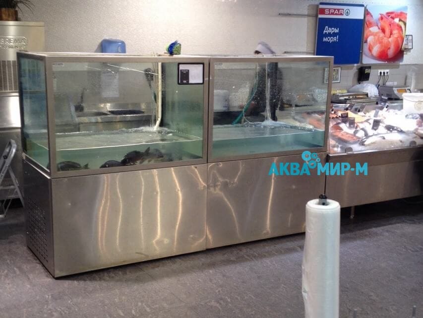 Аквариум витрина для продажи живой рыбы и раков в магазине